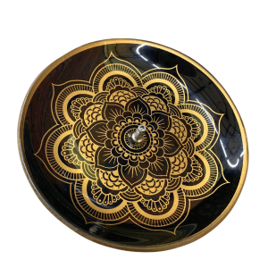 INCENSÁRIO VIDRO 13CM - MANDALA FLOR PRETO/DOURADO