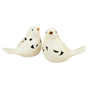 Kit 2 Pássaros Decorativos em Porcelana Branca Vazado 15cm