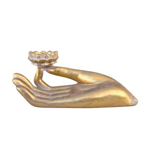 Castiçal Mão Budista 25cm Dourado Resina Porta Vela Decoração
