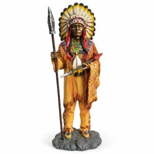 Estátua Índio Cacique com Lança em Resina 34cm Decoração