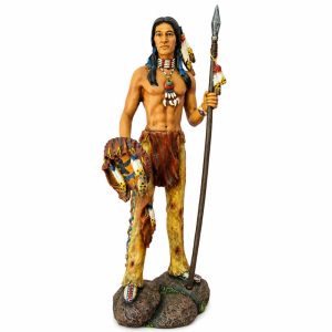 Estátua Índio Guerreiro com Lança e Escudo em Resina 56cm Decoração