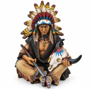 Estátua Índio Indígena em Resina 38cm com Cocar e Caveira Decoração
