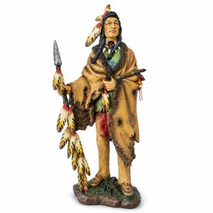 Estátua Índio Guerreiro com Lança e Penas em Resina 52cm