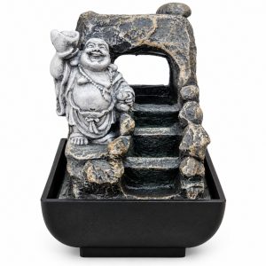 Fonte de Água Buda da Fortuna em Resina Cinza com Cascata Chuveirinho Bivolt 20cm