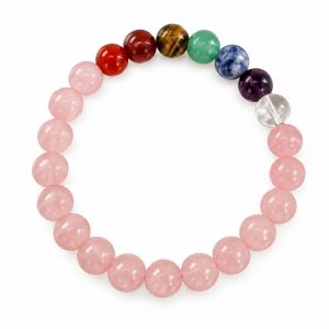 Pulseira De Pedra Quartzo Rosa C/7 Chakras Bola N8 Especial
